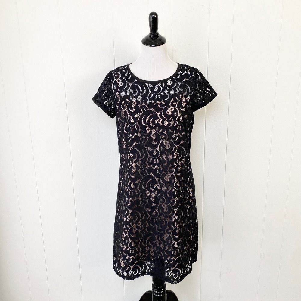 LOFT Black Floral Lace Short Sleeve Tie Back Shift Dress Size 6 Sheer Lined